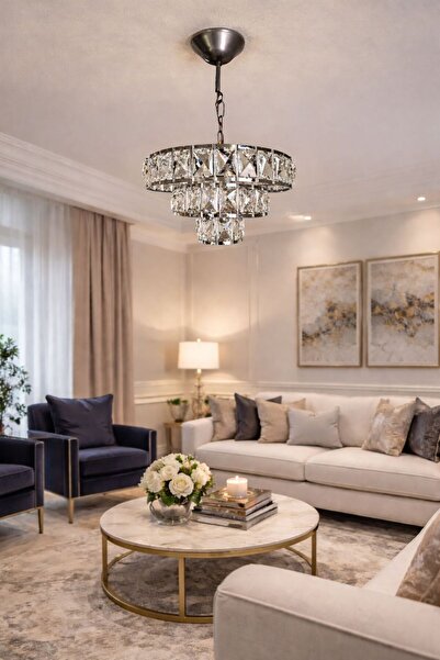 Ömür Avize ahu tekli krom kasa gri askılı avize