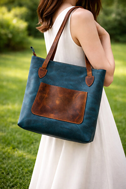 DaphneSandals Genuine Leather Turquoise-Tan Women's Bag - 3448-B