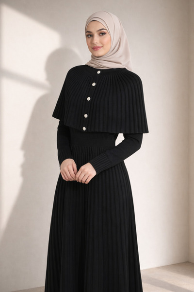 Kirazgym فستان تريكو من قطعتين مع تفاصيل عباءة البونشو - أسود