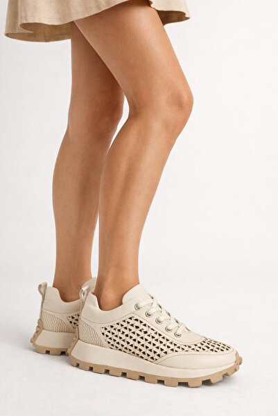 GARKONY Beige Grid Perforated Genuine Leather Sports Shoes