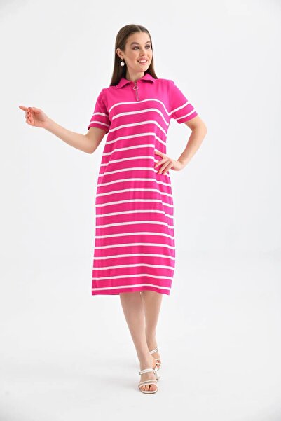 Park Karon Women's Polo Collar Striped Maxi Length Knitwear Dress 10027