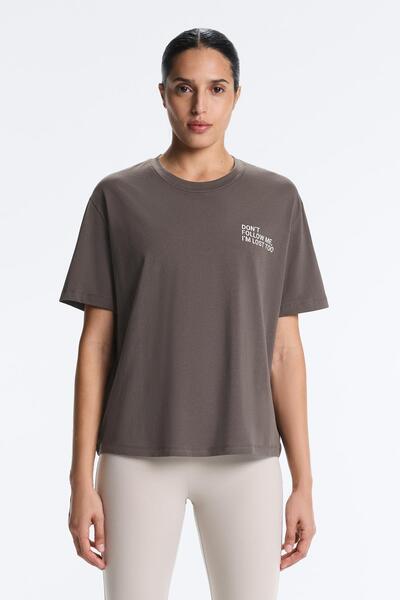 Oysho Boxy cotton blend T-shirt with slogan