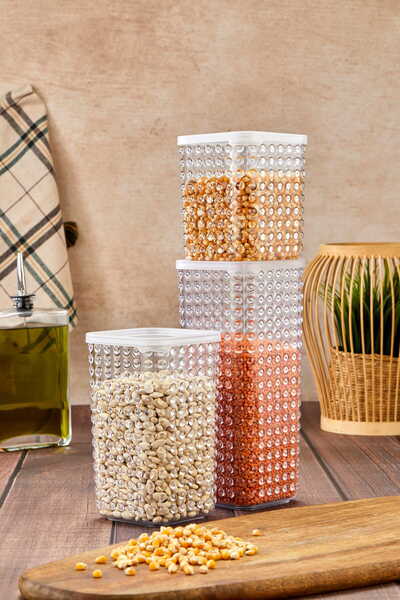 WOODCAP 3-Piece Set of 0.8 Lt, 1.2 Lt and 1.7 Lt Bead Patterned Acrylic (Plastic) Legume Storage Containers