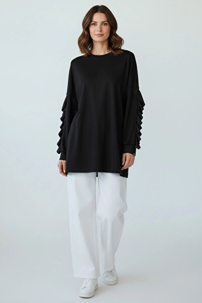 Invee Kolları Fırfır Detaylı Tunik - Siyah