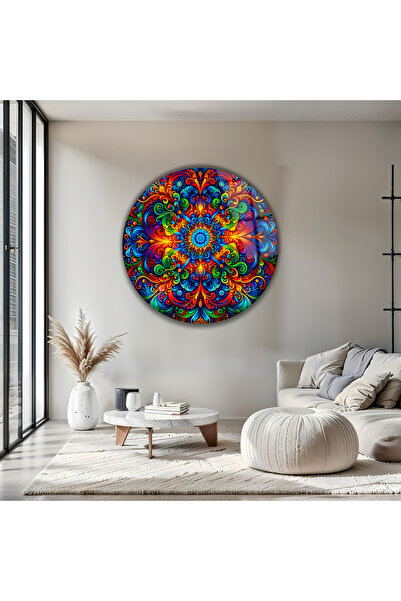 B&G DESIGN Tablou decorativ rotund din sticlă cu model fractal mandala colora...