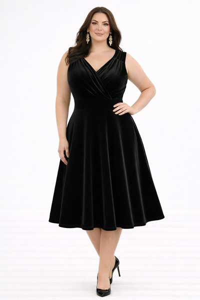 RURIS Women's Black Velvet Double Breasted Collar Flared Midi Length Plus Siz...