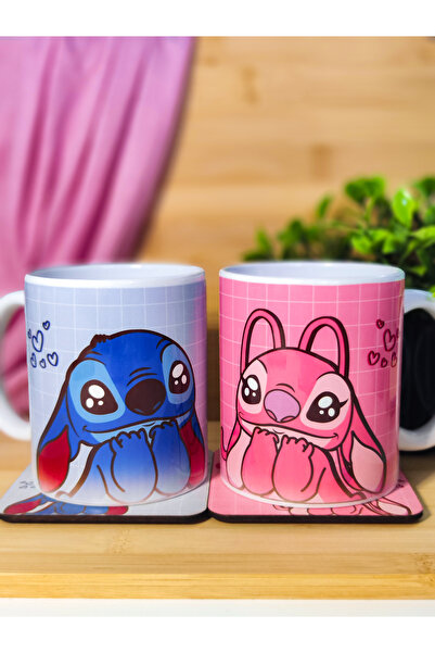 kuttuushop Stitch ve Angel 2’li Çift Sevgili Kupası Büyük Bardak Kahve Çay Fi...