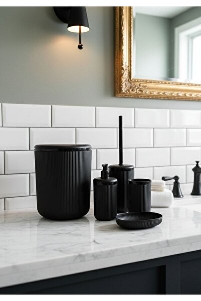 Store Hgy Home London Çizgili Siyah 5'li Banyo Seti
