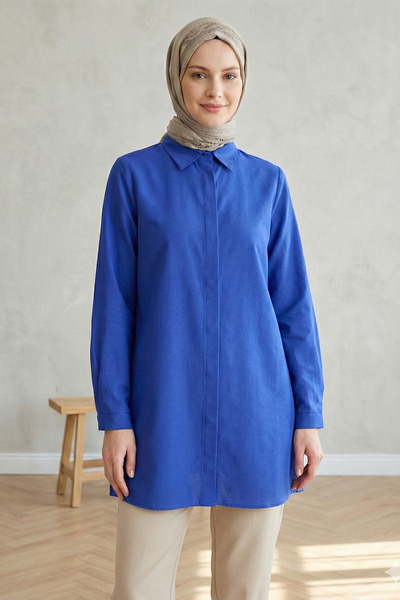 Kirazgym Women's Hidden Button Oval Cut Long Boyfriend Shirt - Saks Blue