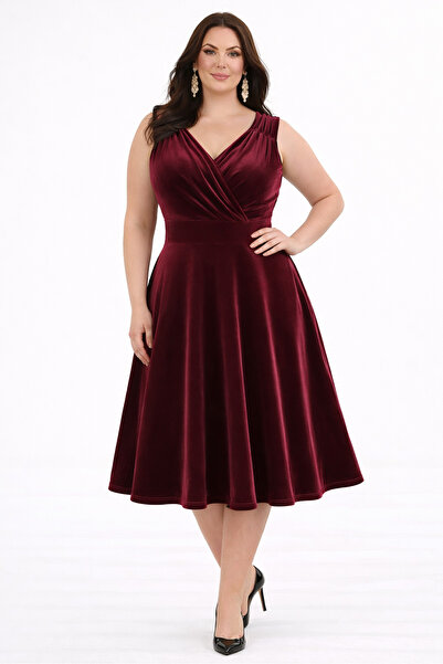 RURIS Women's Black Velvet Double Breasted Collar Flared Midi Length Plus Siz...