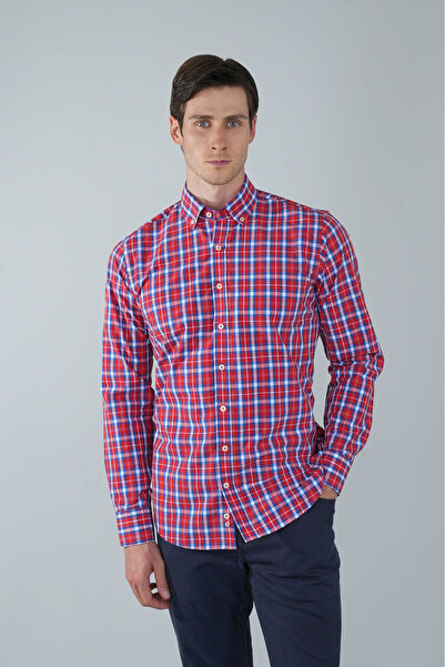 Bisse Long Sleeve Pasha Collar Pocketless Red Cotton Men's Shirt