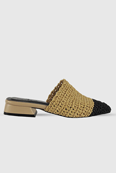 Modezya Elanor Nude Black Knitted Women's Short Thick Heeled Slippers