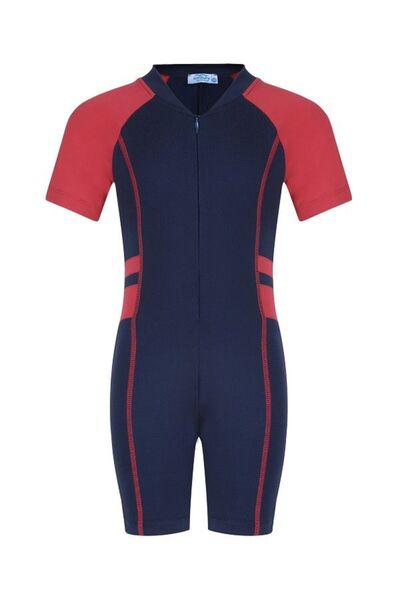 mikam Garson Boy Boneli Swimmer Short Sleeve Swimsuit with Zippered Shorts