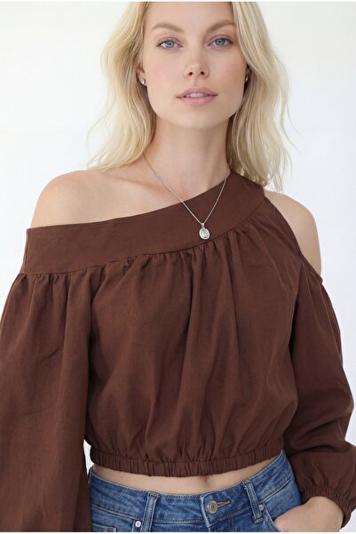 KENZA'A TRİKO Off-The-Shoulder, Elastic Waist, Boat Neck Blouse