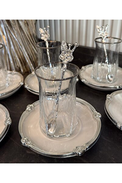 atabey home طقم شاي من البورسلين من زوي بإطار فضي ووردي حقيقي - 18 قطعة - 6 أ...