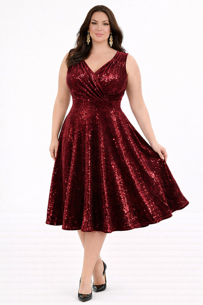 RURIS Women's Burgundy Velvet Sequined Double Breasted Collar Flared Midi Len...