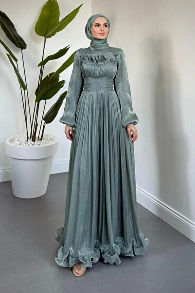 welting Fırfırlı Şifon Tesettür Abiye Mint Yeşil