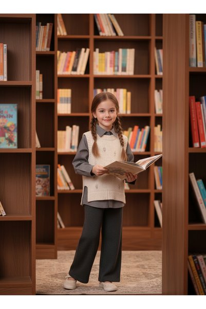 Nimini Kids Cotton Hole Detailed Crew Neck Sweater and Knitwear Pants Top and Bottom Set