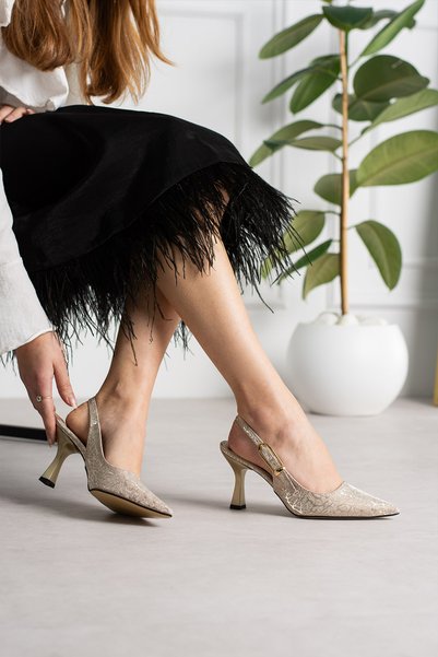 eformoda by emre yılmaz Gold Glittery Pointed Toe Women's Heeled Shoes | Formal & Occasion Shoes Mp02