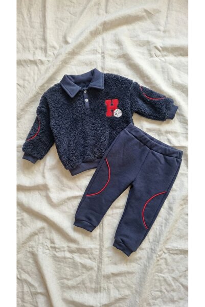 Necix Boy's Plush Welsoft College Collar Letter Embroidered Top and Bottom Set
