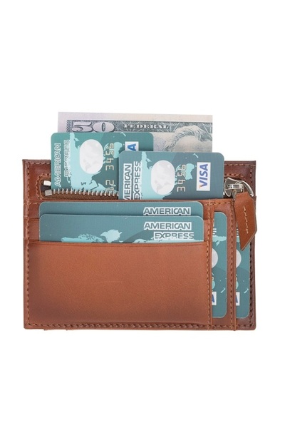 BUDİ HOME Zip Leather Zippered Card Holder ZPCH RST2EF Tan