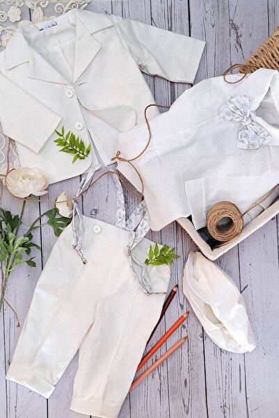 Andreeatex Boys' cotton baptism suit with suspenders and bow tie, 5 pieces, p...