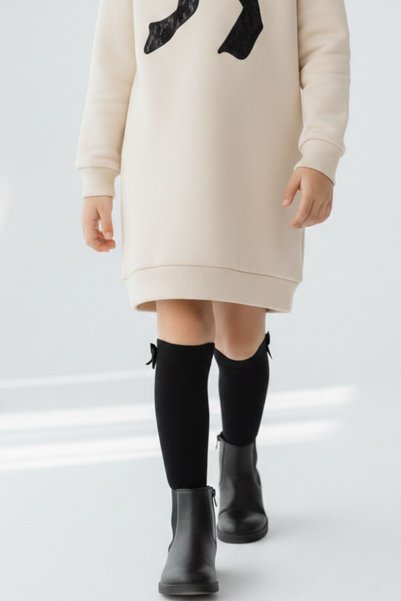 Kübra Tekstil Girl's Dress Bowknot Printed Cream Sweatshirt Dress Long Sleeve Casual and Special Occasion