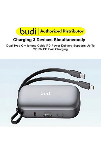 Budi باور بانك 10000 ملي أمبير Power Bank - 10000mA - 22.5W - Fast Charging - Type C + IPhone Cables