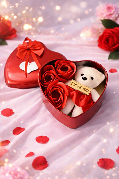 Seila 14 Şubat Sevgililer Günü Hediyesi | Kalp Kutu İçinde Ayıcık ve Kırmızı Gül