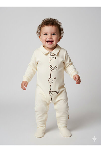 Momivi Kids رومبير للأطفال بأكمام طويلة وياقة قميصية مطبوع عليه باندا ودب تيدي