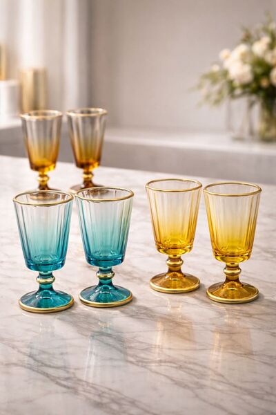 YzHome Set of 6 Glass Flutes Colored Gilded Coffee Side Water Glass Goblet Mu...