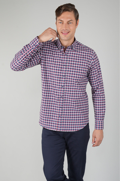 Bisse قميص رجالي منقوش باللون الأحمر الداكن بقصة عادية