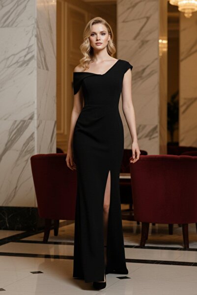 Mossta One Shoulder Low Sleeve Slit Long Imported Crepe Evening Dress - Black