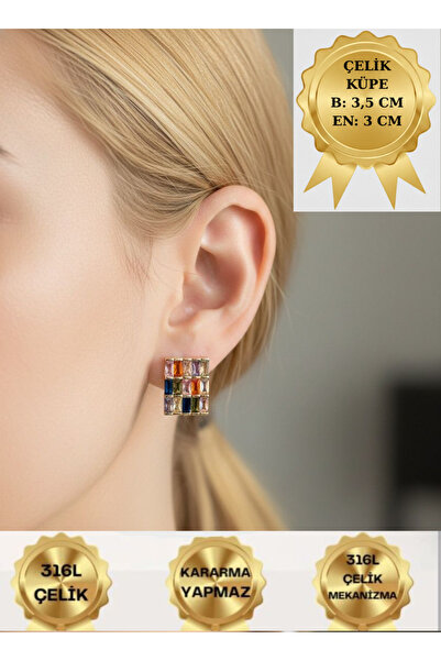 LUXENYA DESİGN Colorful Stone Square Form Women's Stainless Steel Earrings Go...