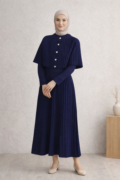 Kirazgym Poncho Cape Detailed Two-Piece Knitwear Hijab Dress - Navy Blue