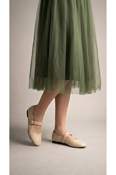 Beyond Women's Beige Buckle Knitted Patterned Ballerina Shoes 1cm Byndbtg01