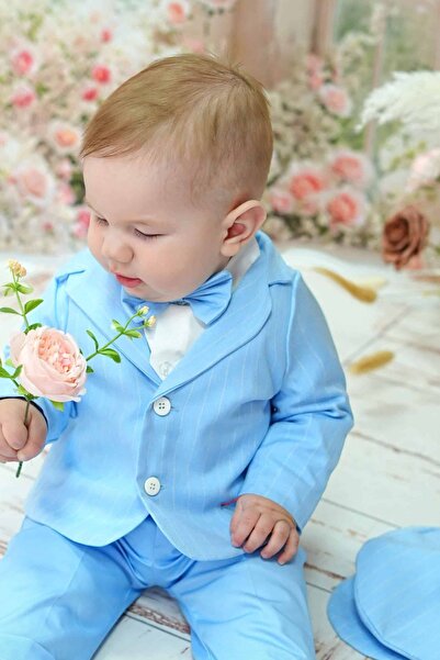 Andreeatex Boys' cotton baptism suit with suspenders and bow tie, 5 pieces, p...