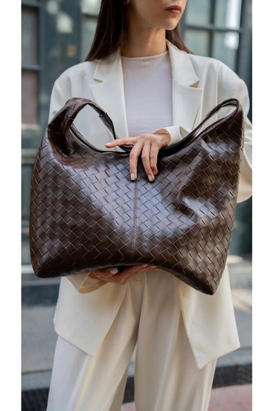 Zealous Women's Brown Knitted Patterned Large Faux Leather Women's Oversized ...