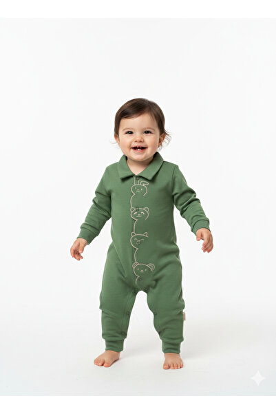 Momivi Kids Gömlek Yakalı Panda ve Ayıcık Baskılı Uzun Kollu Bebek Tulum