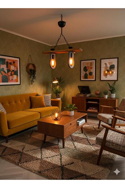 BİAVİZE YAKMA AHŞAPLI VE AMPÜL GÖRÜNÜMLÜ 2 Lİ TASARIM AVİZE