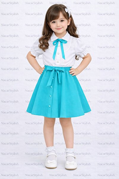 Nacar Kız Çocuk 23 Nisan 29 Ekim Biyeli Gömlek&Düğmeli Double Etek - 23 Nisan...