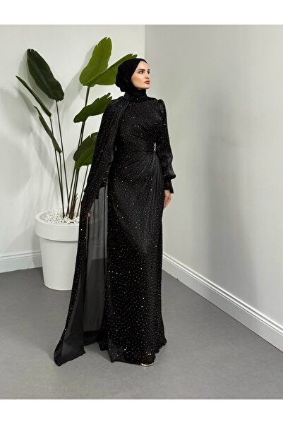 welting Taşlı Pelerinli Şifon Abiye Siyah