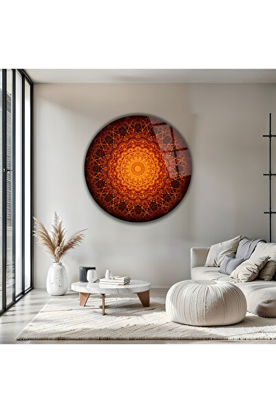 B&G DESIGN Masă decorativă rotundă din sticlă, cu model mandala portocalie bo...