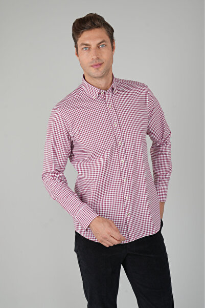 Bisse Men's Regular Fit Long Sleeve Pasha Collar Men's Regular Cotton Red Shirt