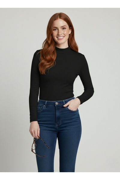 Hmd Cotton Black Women's Basic High-Neck Bodysuit