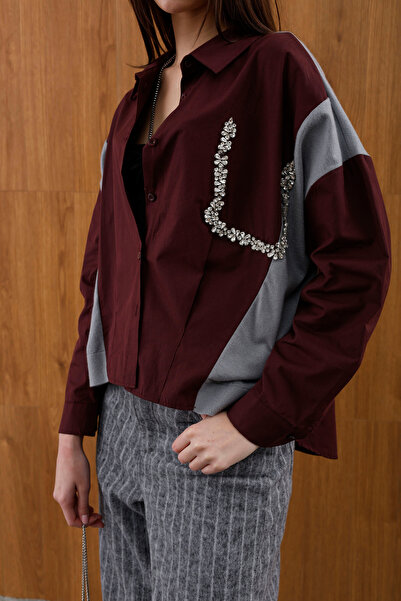 HOPE AND ME Kadın Bordo Taş İşlemeli Cep Detaylı Oversize Gömlek