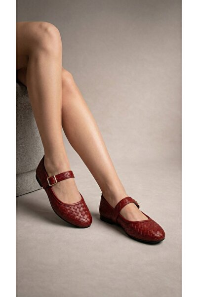 Beyond Women's Burgundy Buckle Knitted Patterned Ballerina Shoes 1cm Byndbtg01