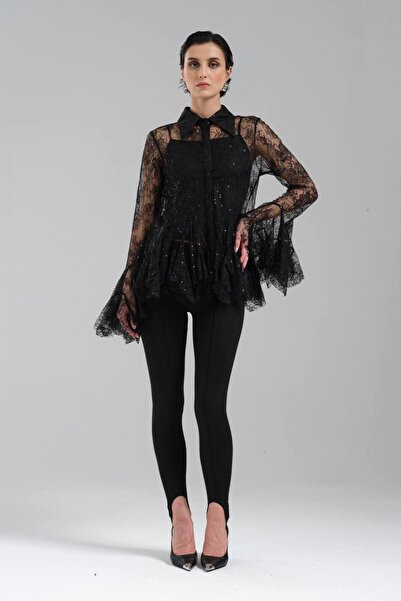 tw3 Жіноча блузка з мереживною тканиною, з паєтками на рукавах, вільного крою