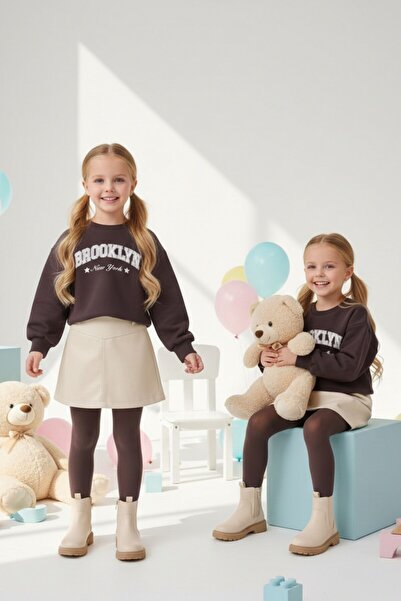 Kübra Tekstil Girl's Sweatshirt 10-15 Years Brooklyn Printed Brown Long Sleev...
