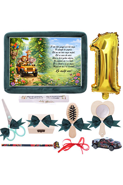 Recostore Tava mot, aniversare 1 an, Jungla, catifea verde inchis, 10 piese, ...